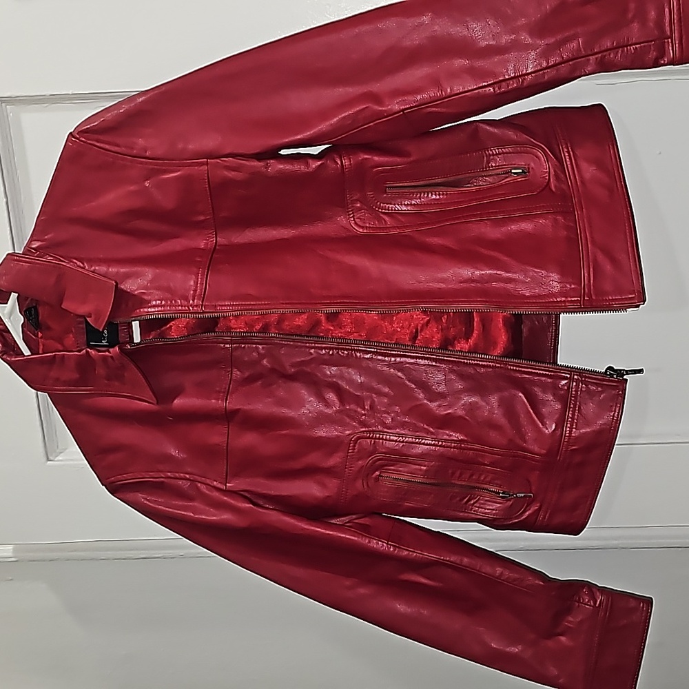 Red synthetic leather spring jacket size small good condition
